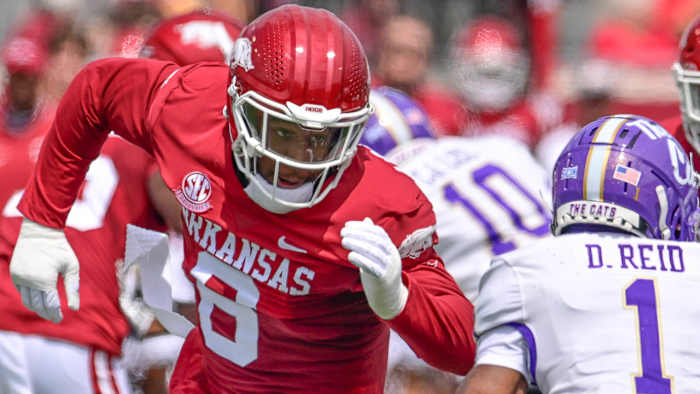 Razorbacks defensive back Jayden Johnson on a blitz against Western Carolina